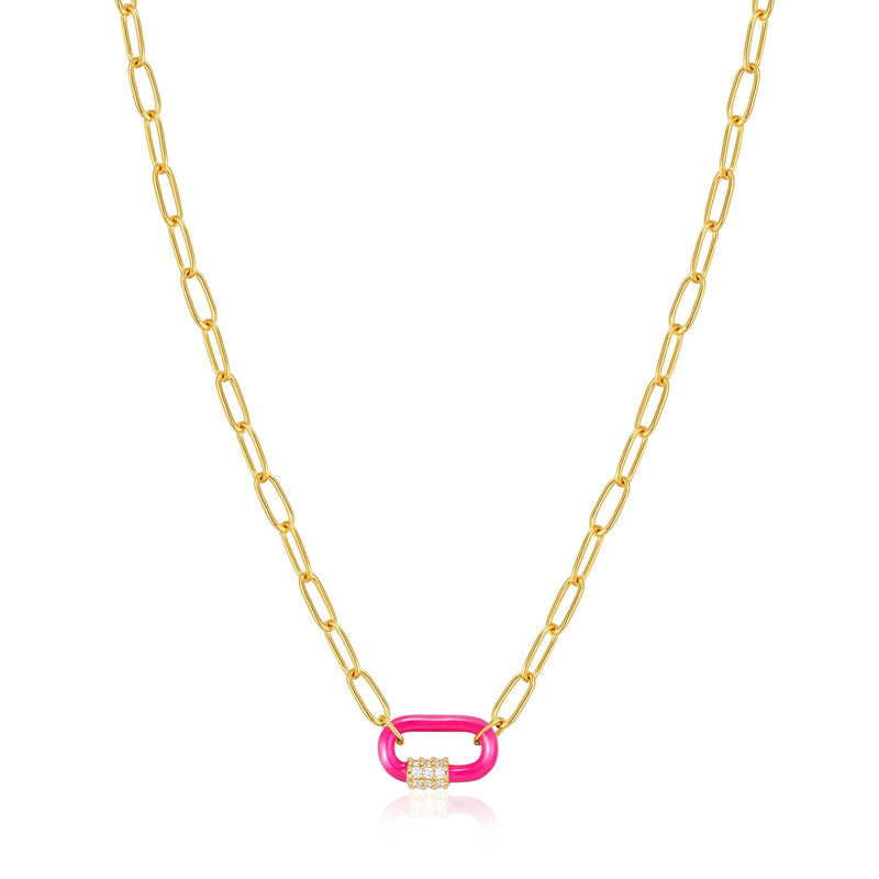 Neon Pink Enamel Carabiner Gold Necklace