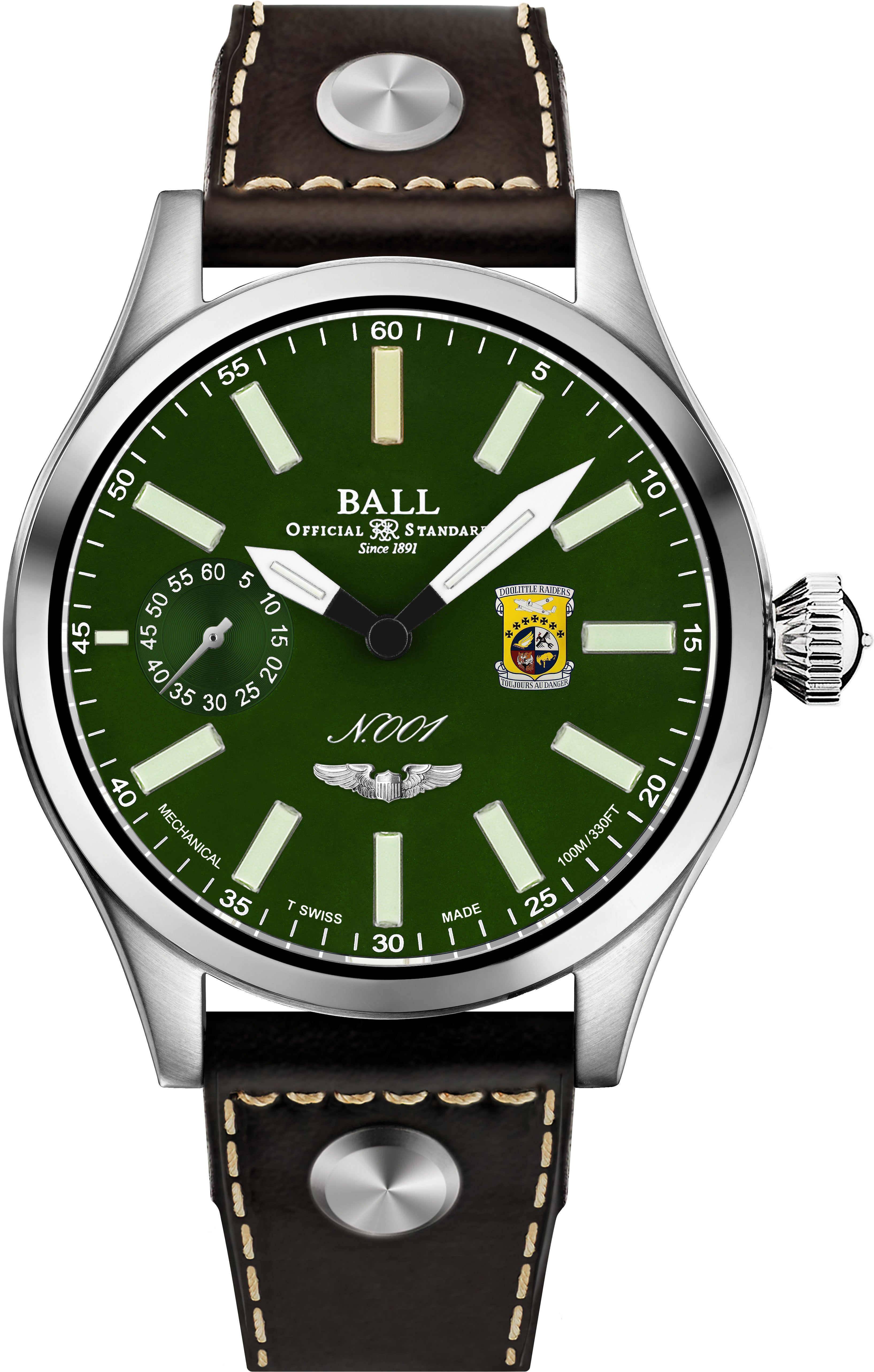 Wristwatch with a green dial and brown leather strap.