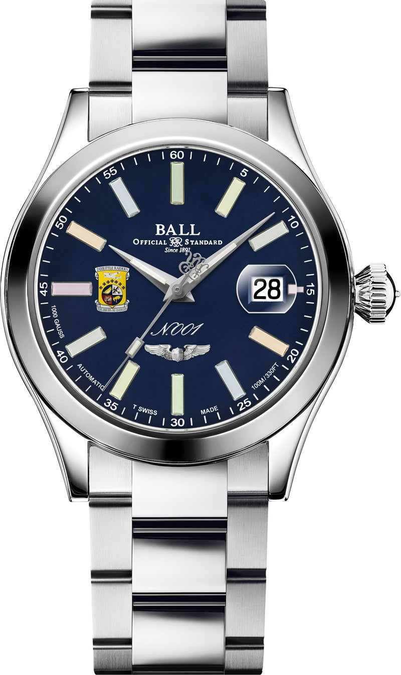 Stainless steel wristwatch with a blue dial and Ball branding.