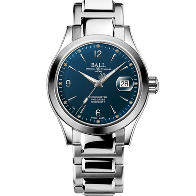 Stainless steel wristwatch with a blue dial and date window.