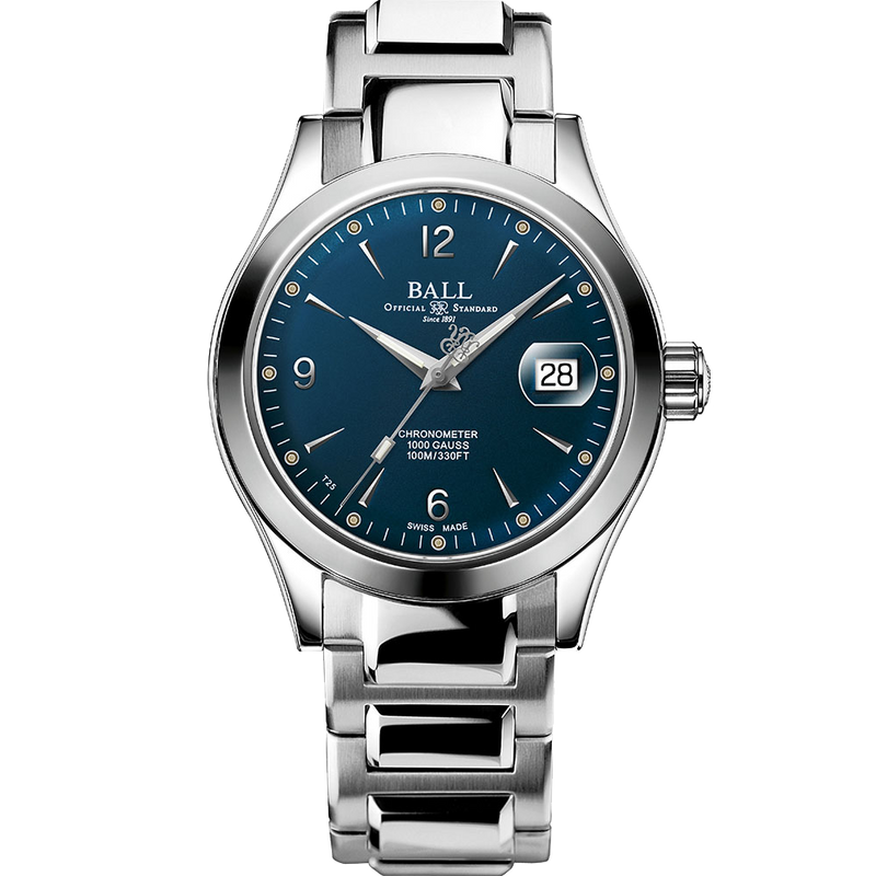 Stainless steel wristwatch with a blue dial and date window.