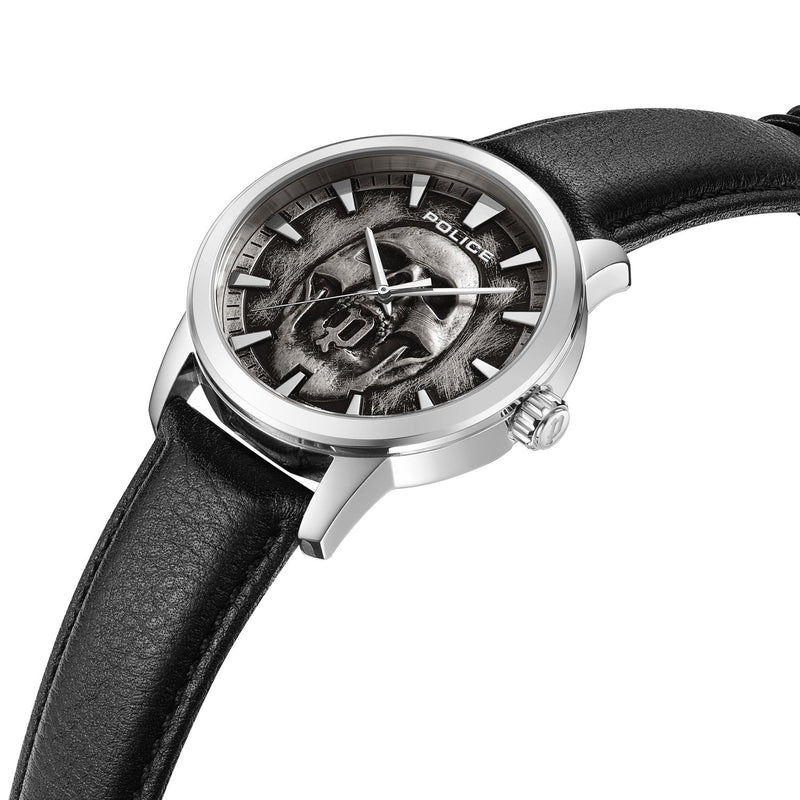 Stylish wristwatch with a skeleton dial and black leather strap.