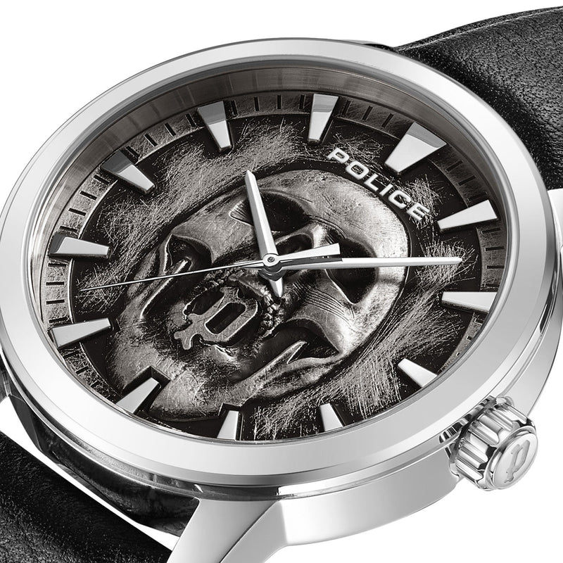 Wristwatch with a skull-themed dial design.