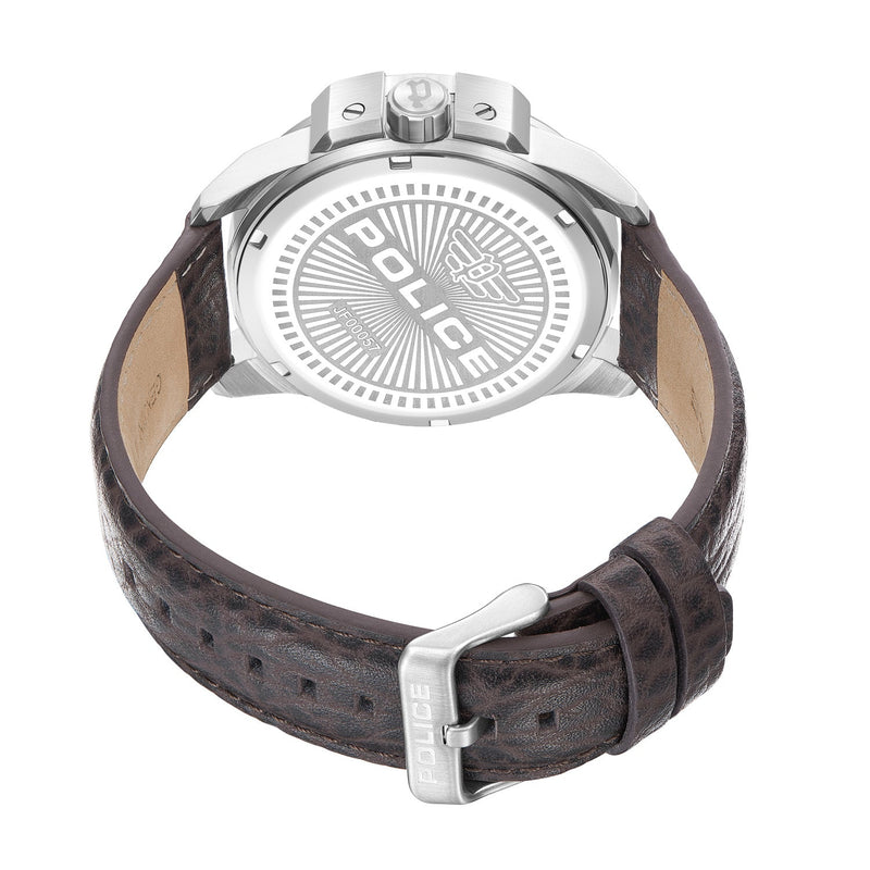 Wristwatch with a brown leather strap and silver-toned case.