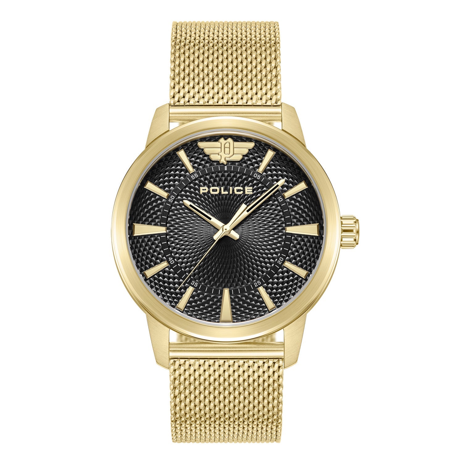 Gold-toned wristwatch with a black dial and mesh band.