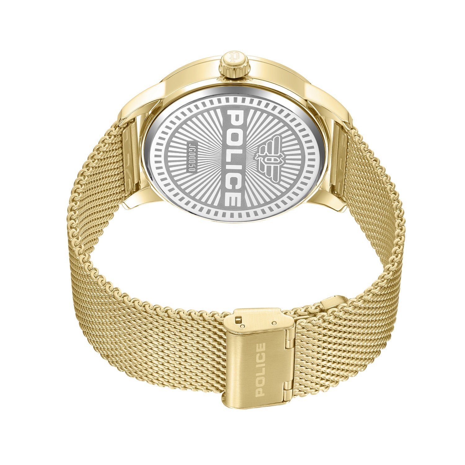 Gold-toned wristwatch with a mesh band and a white circular dial featuring ’POLICE’ branding.