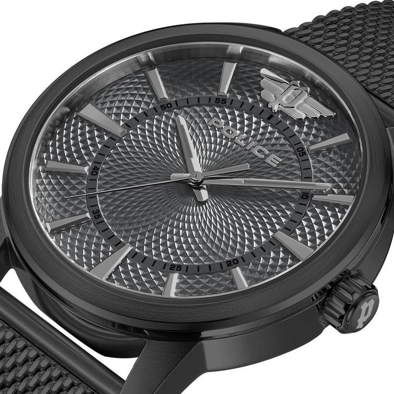 Sleek black wristwatch with an intricate geometric pattern on its face.