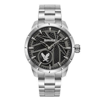 Silver wristwatch with a black dial featuring an eagle design.