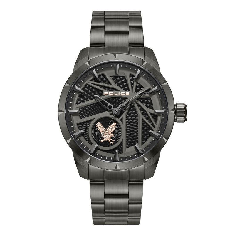 Dark gray men’s wristwatch with a Police brand logo and eagle emblem on the dial.