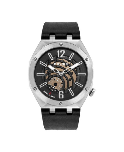 Stylish wristwatch with a black dial, silver case, and visible mechanical components.