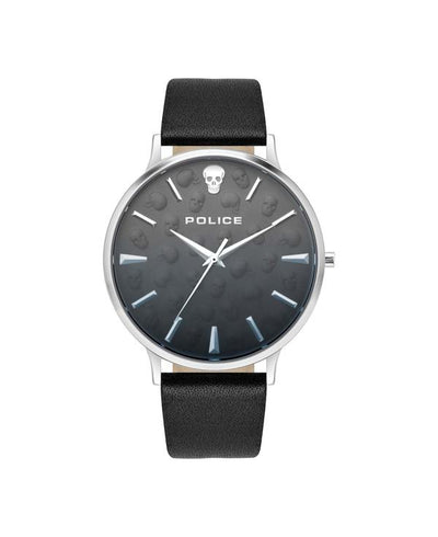 Sleek wristwatch with a black leather strap and dark gray dial featuring the Police brand logo.