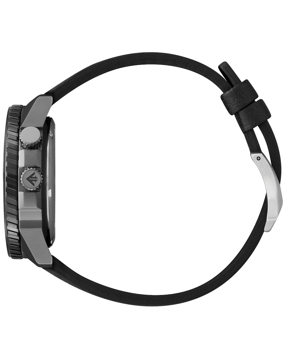 Black wristwatch with a round face and rubber strap.