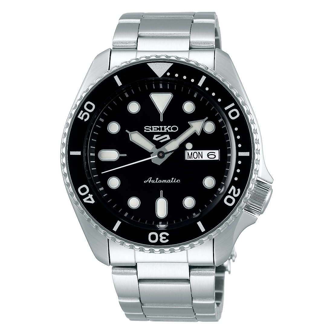 Seiko 5 Sports automatic dive watch with black dial and stainless steel bracelet.