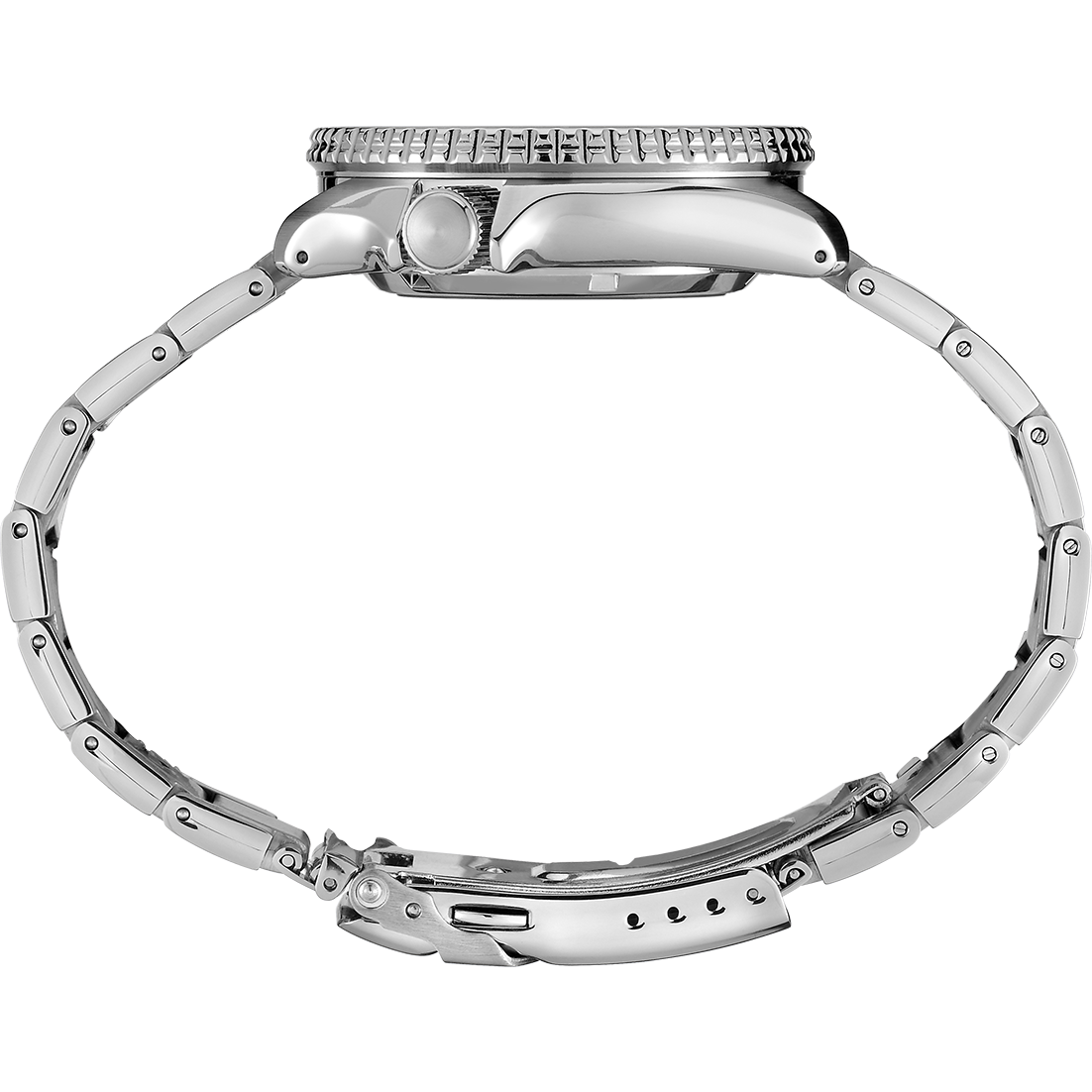 Stainless steel wristwatch with a metal link bracelet and textured bezel.