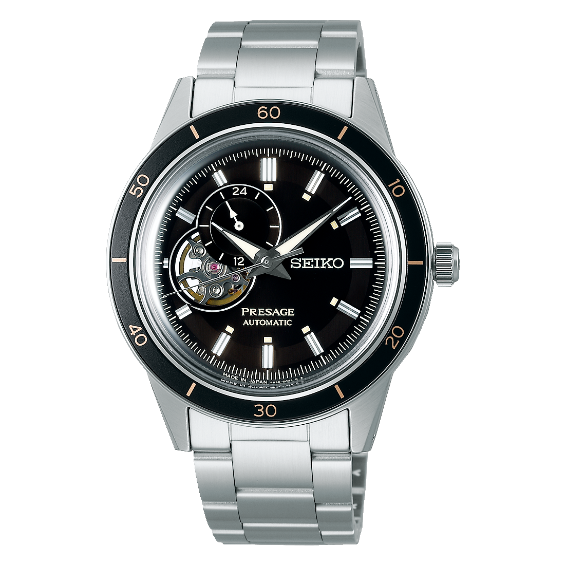 Stainless steel Seiko Presage automatic wristwatch with a black dial and rotating bezel.