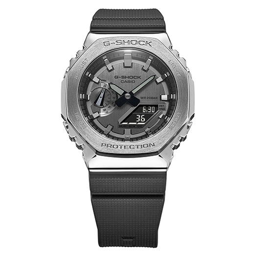 G-Shock wristwatch with a silver metallic case and black band.