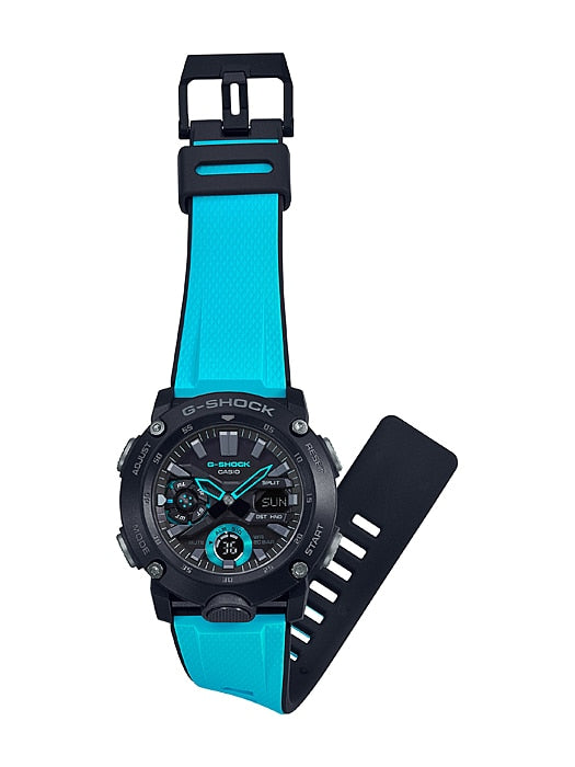 G-Shock watch with a black case and bright blue strap.