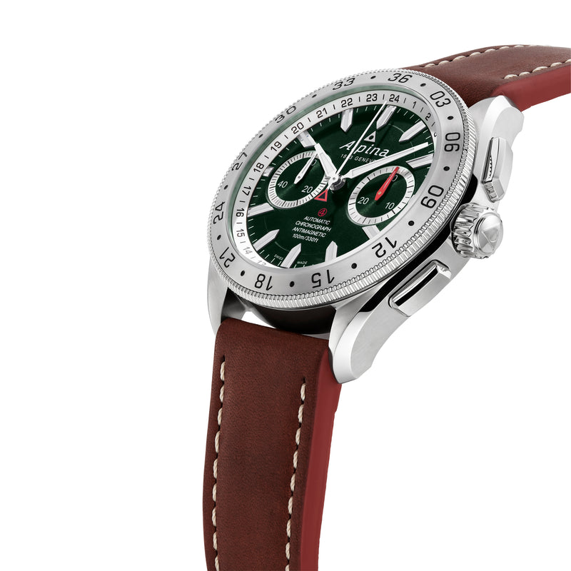 Luxury wristwatch with a green dial, silver case, and brown leather strap.