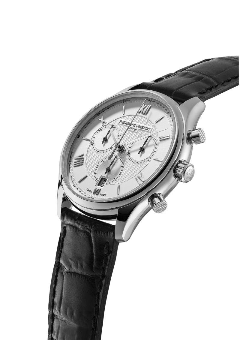 Elegant silver wristwatch with a white dial and black leather strap.