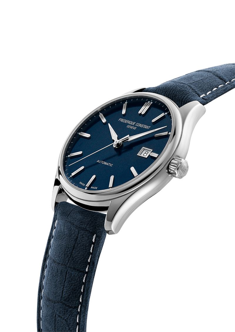 Wristwatch with a blue dial and leather strap.