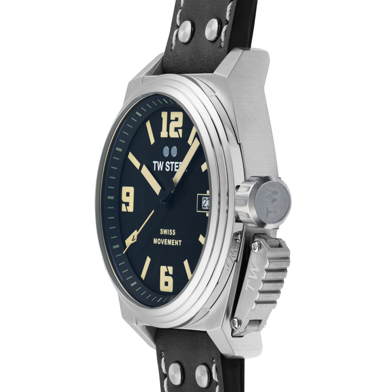 Stainless steel wristwatch with a black dial and leather strap.