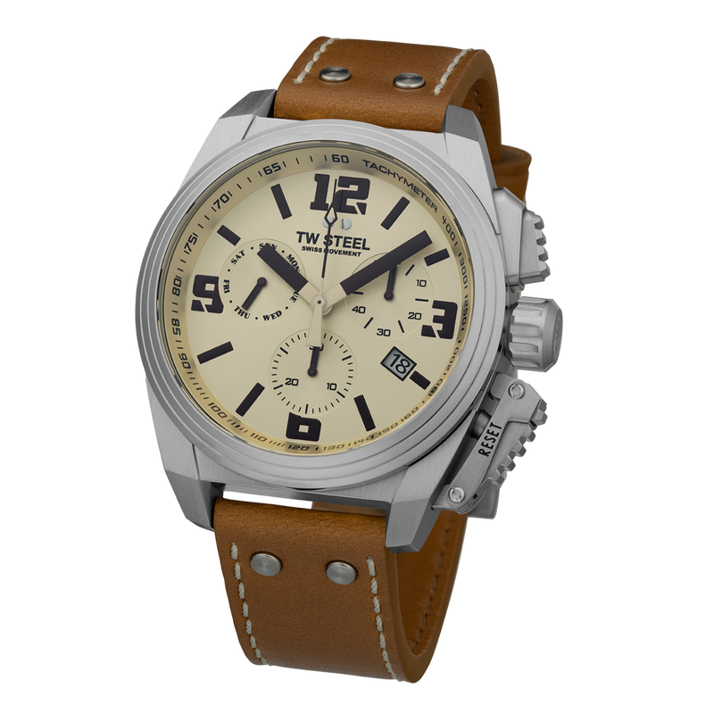 Stainless steel chronograph wristwatch with a brown leather strap and beige dial.