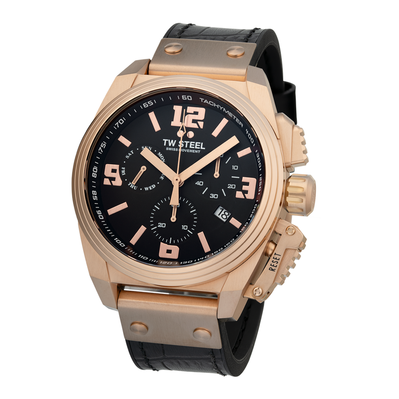 Luxury men’s wristwatch with a rose gold case, black dial, and leather strap.