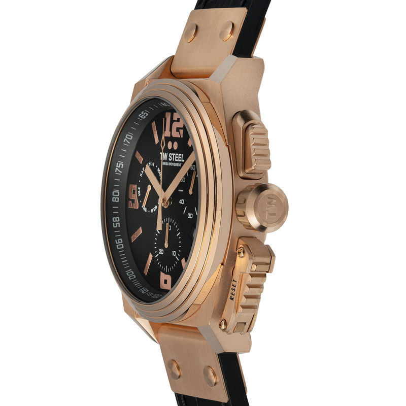 Luxury wristwatch with a rose gold case and black dial featuring chronograph functions.