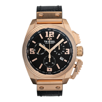 Luxury rose gold chronograph wristwatch with a black leather strap and black dial.