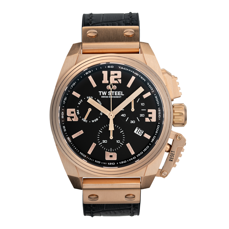 Luxury rose gold chronograph wristwatch with a black leather strap and black dial.