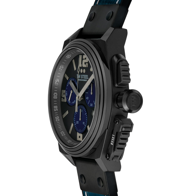 Black chronograph wristwatch with blue accents and a leather strap.