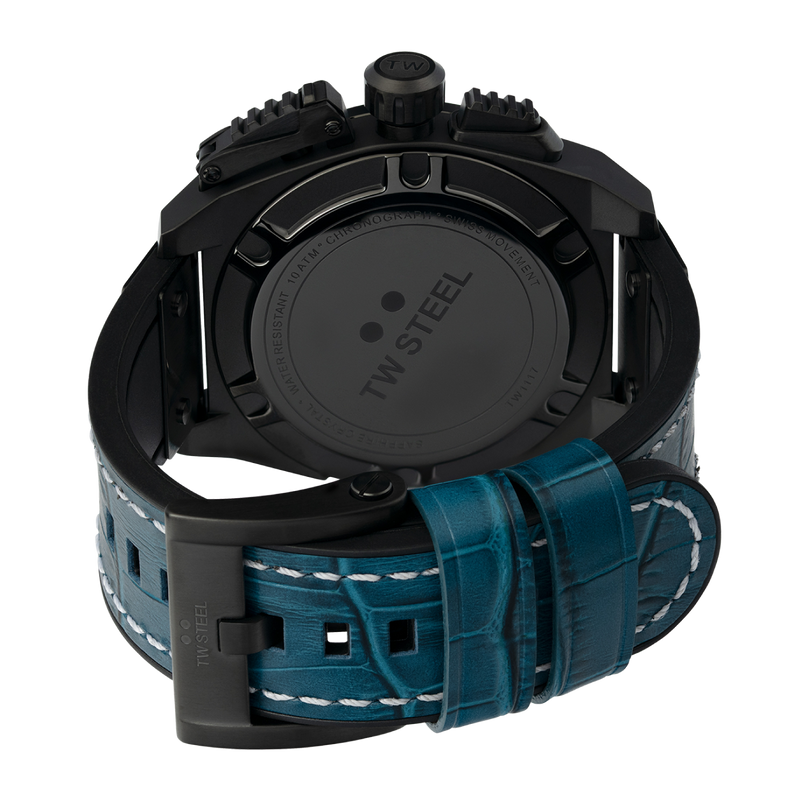 Wristwatch with a black case and teal leather strap.