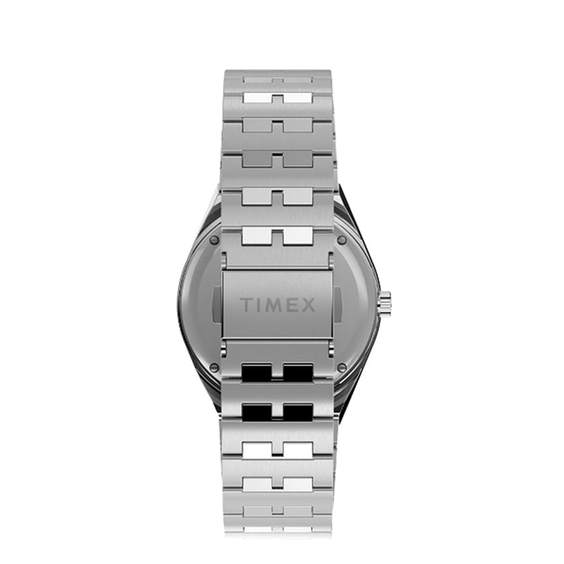 Silver stainless steel wristwatch with a metal link bracelet.