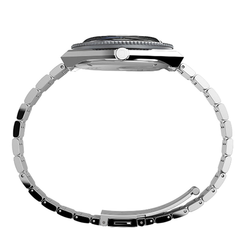 Stainless steel wristwatch with a circular face and metal link bracelet.