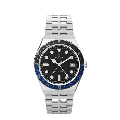 Stainless steel wristwatch with a black dial and blue-black bezel.