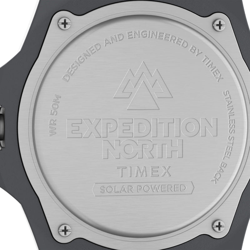 Back cover of a solar-powered Timex Expedition North watch.