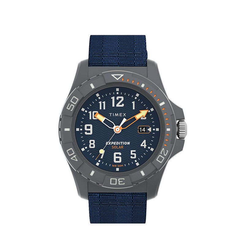 Rugged-looking wristwatch with a navy blue dial and strap.