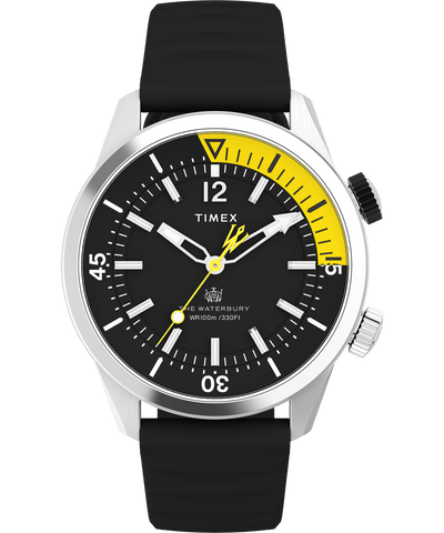 Timex wristwatch with a black dial, yellow accents, and a black strap.