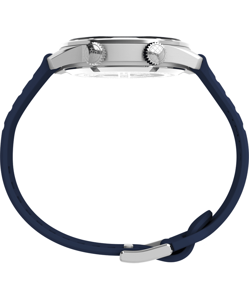 Wristwatch with a silver case and navy blue strap.