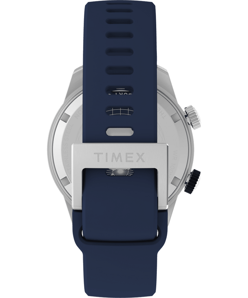 Wristwatch with a silver case and navy blue silicone strap.