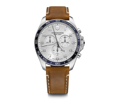 Stainless steel chronograph watch with a white dial and brown leather strap.