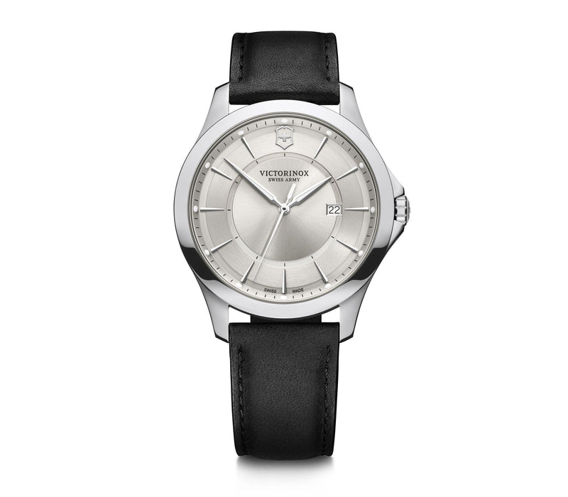 Stainless steel wristwatch with a black leather strap and silver dial.