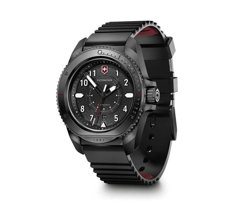 Rugged black sports watch with a digital-analog hybrid display and textured rubber strap.