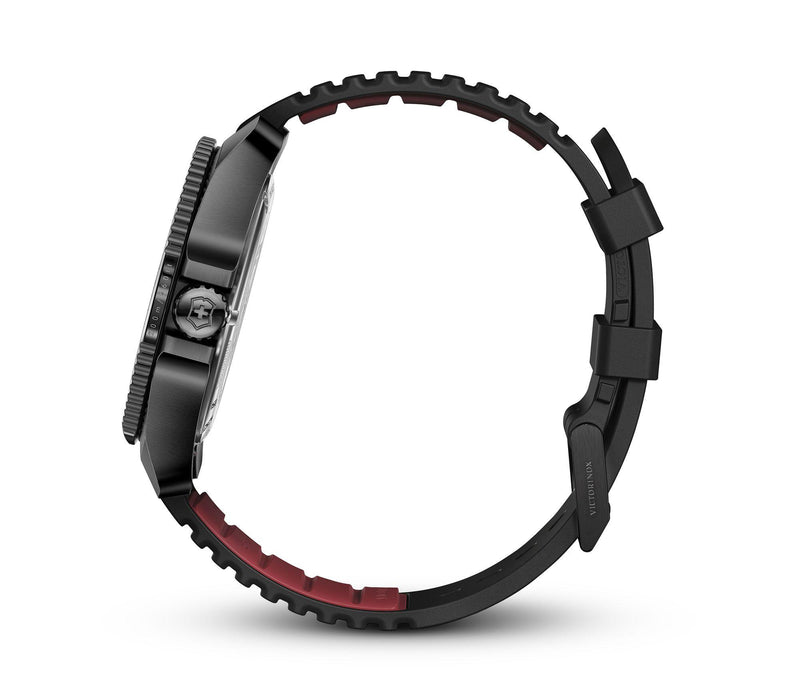 Black smartwatch with a red and black textured wristband.