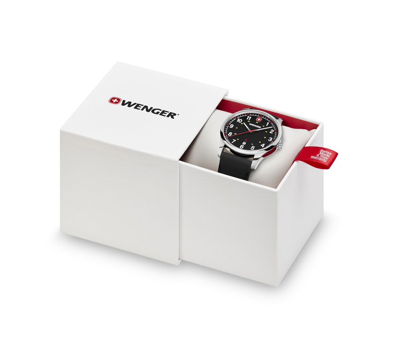 Wenger wristwatch in an open white presentation box.