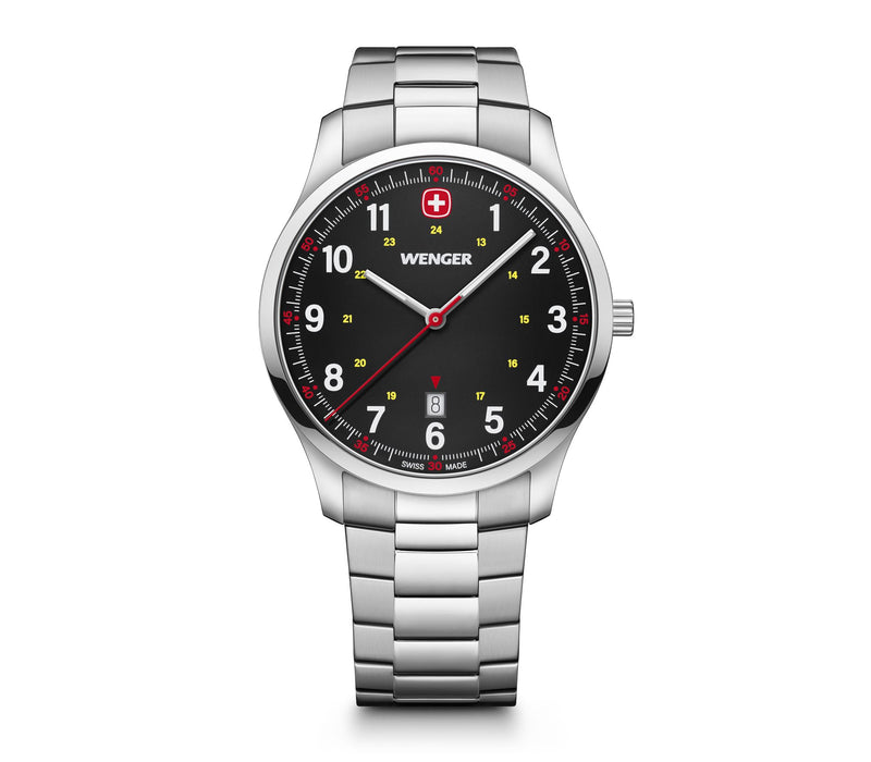 Stainless steel Wenger wristwatch with a black dial and red accents.