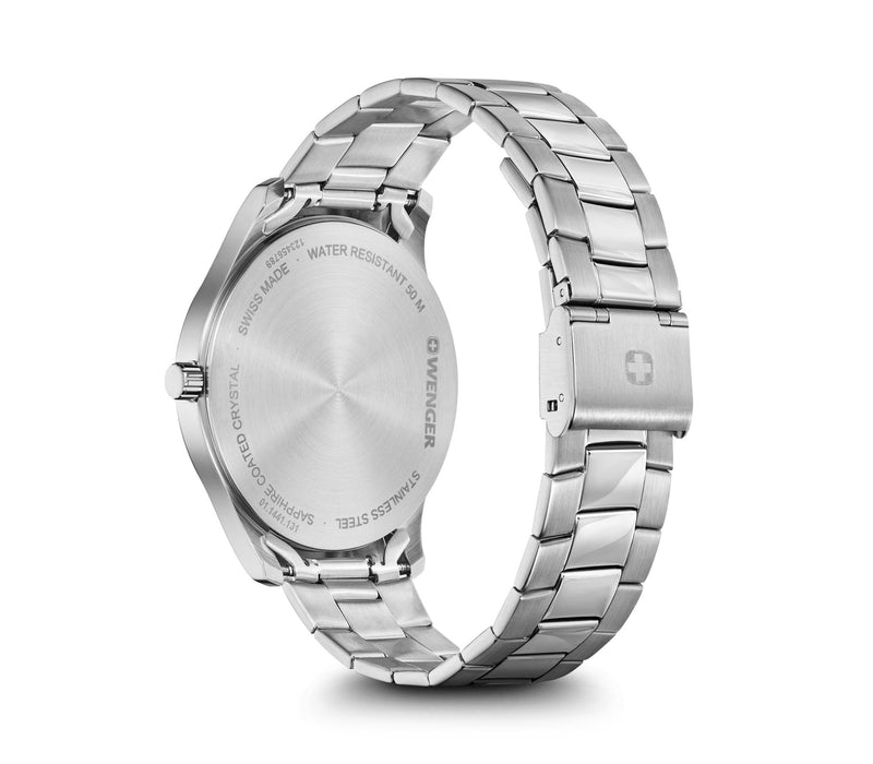 Silver wristwatch with a metal link bracelet.