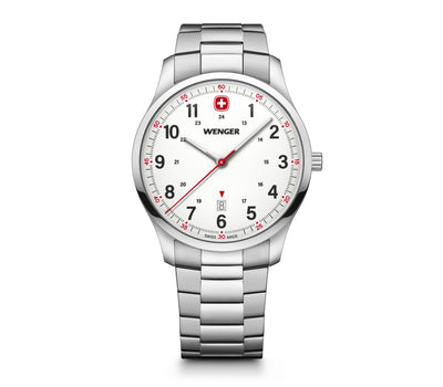 Silver wristwatch with a white face and red accents.