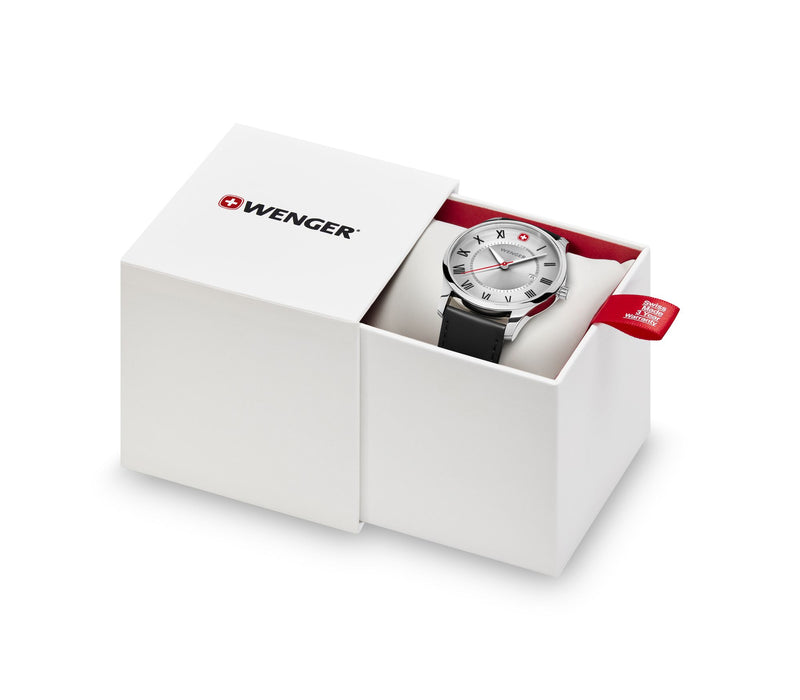 Wristwatch in an open white gift box with red accents.