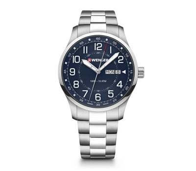 Silver wristwatch with a dark blue dial and Arabic numeral hour markers.